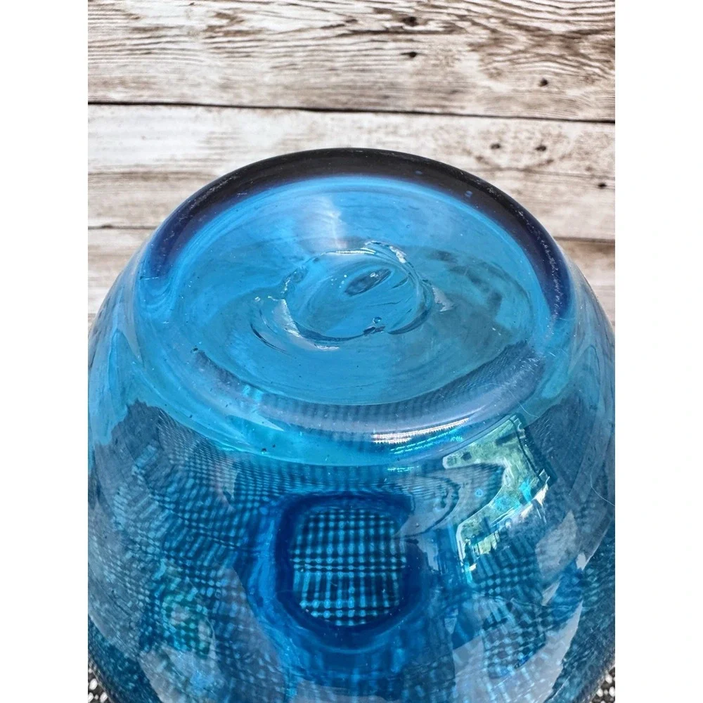 Vintage Blenko Style Blue Dimple Glass Vase Mid Century Hand Blown Pontil 8.25